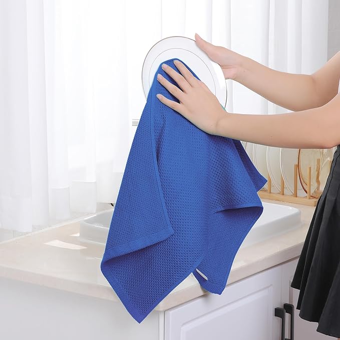 Homaxy 100% Cotton Waffle Weave Kitchen Dish Towels, Ultra Soft Absorbent Quick Drying Cleaning Towel, 13 x 28 Inches, 4-Pack, Blueberry