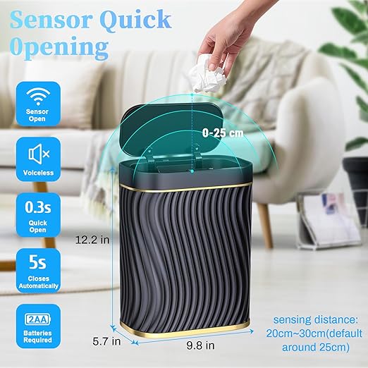 Bathroom Trash can with Automatic Touchless Lid, 2.6 Gallon Black Motion Sensor Small Garbage Can, Slim Waterproof Smart Trash Bin for Bedroom, Office, Living Room