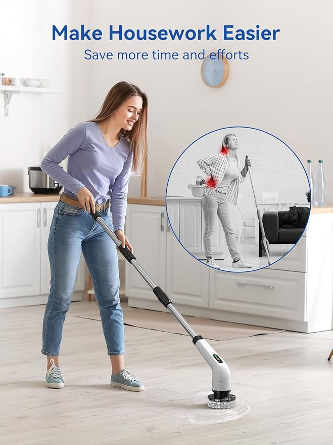 Electric Spin Scrubber - 120Min Cordless Shower Bathroom Cleaner with 8 Brush Heads | 440 RPM Power Scrubber (3-Speed) & Adjustable Extension Handle for Cleaning Bathtub, Tile, Grout
