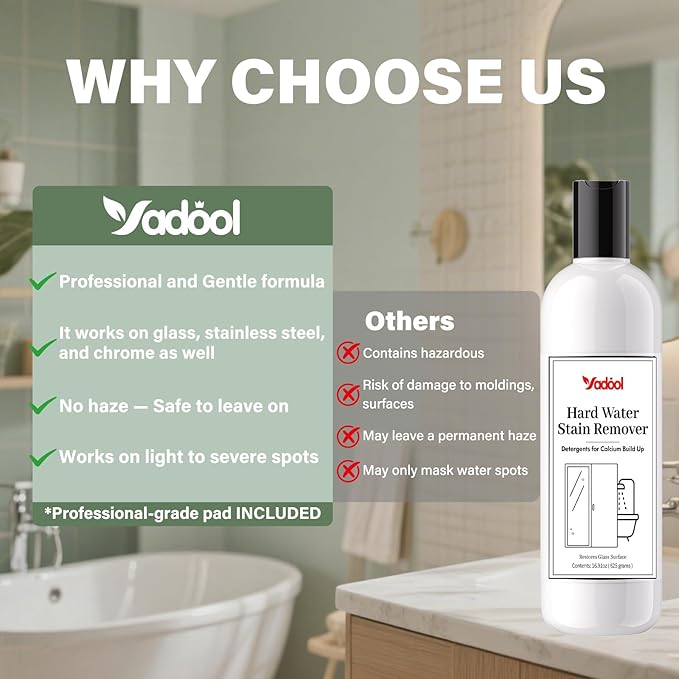 Hard Water Stain Remover, Powerful Shower Glass & Door Cleaner, Easily Removes Tough Water Spots, Lime, Calcium & Soap Scum Build Up, Ideal for Bathroom, Glass, Toilet Bowl and More - 16.91oz