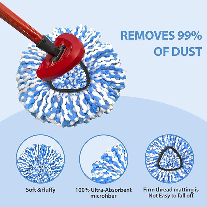 Spin Mop Replacement Head, Microfiber Mop Refills, Easy to Replace, Include 3 Mop Replace Heads, 1 Extra Mop Replacement Base