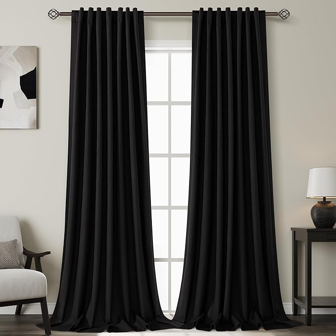 100% Blackout Linen Curtains 105 Inches Long 2 Panels for Bedroom Back Tab Pinch Pleated Black Out Curtain Modern Urban Noise Cancelling Total Light Blocking Window Drapes 105 Inch Length,Black