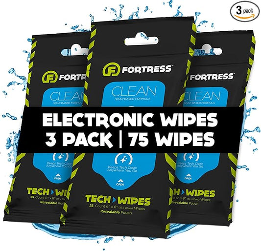 Fortress Electronic Wipes (25 ct, Pack of 3) To-Go Tech Wipes for Screens, Phones, Keyboards, TV Monitors, Computer Screens, and More [Travel Size] Skin-Safe