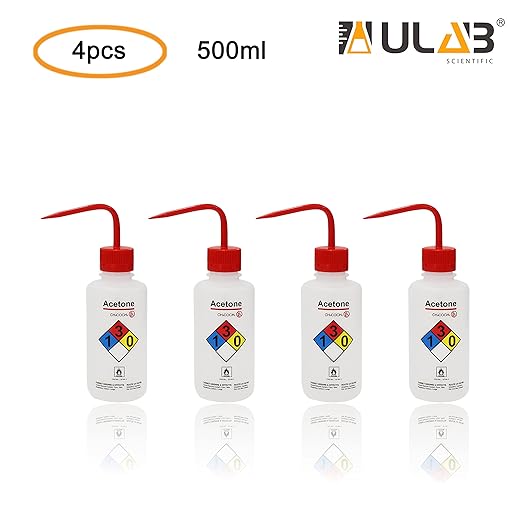 ULAB Safety Wash Bottles, 4pcs of Acetone Wide-Mouth Wash Bottles, LDPE Material, Vol.500ml, UWB1022