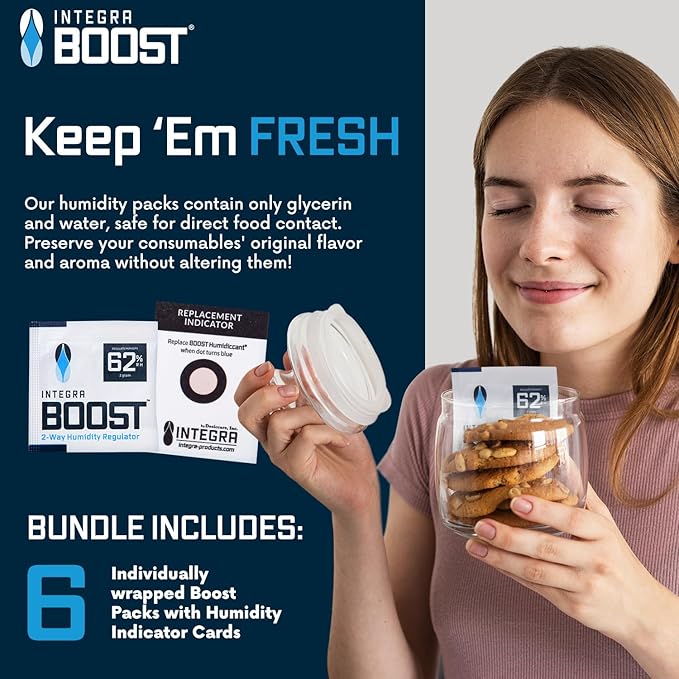 Integra Boost 2-Way Humidity Control Pack – Patented Technology for Humidity Control – Preserve Flavor & Maintain 62% RH – Moisture Absorber for Herbs, Spices & More – 2 Gram (Pack of 6)