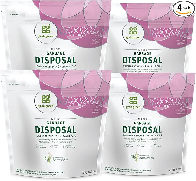 Grab Green Garbage Disposal Freshener and Cleaner Pods, 48 Count, Thyme with Fig Leaf, Plant and Mineral Based, Removes Odors, Loosens Grime, Prevents Clogging