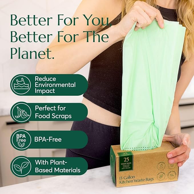Cleanomic Compostable* 13 Gallon Trash Bags with Drawstring (3 Pack, 75 Count), BPI Certified For Kitchen Compost