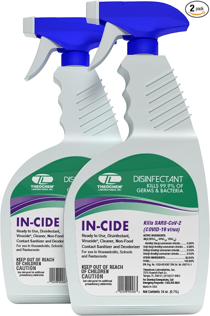 In-Cide Hospital Grade Disinfectant Spray - EPA Registered Cleaner Kills 99.9% MRSA, Norovirus Medical Grade for Home Office Clinic - Lavender Scent (2 x 24 oz Bottles)