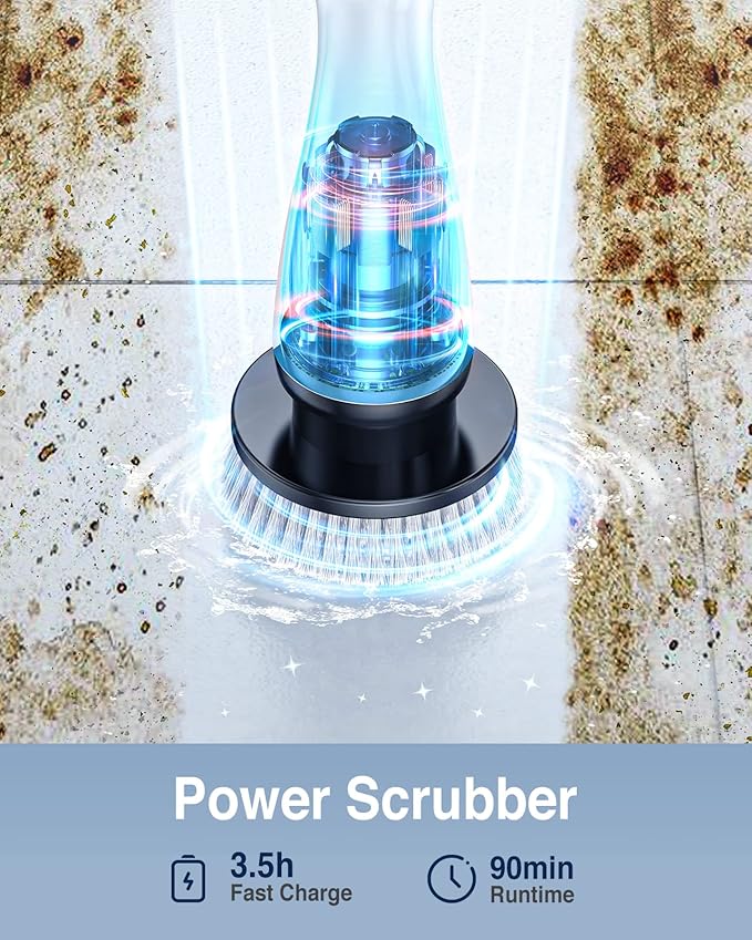LABIGO Electric Spin Scrubber LA1 Pro, Cordless Spin Scrubber with 4 Replaceable Brush Heads and Adjustable Size Extension Handle Power Full Cleaning Brush for Bathroom Floor (Deep Black)