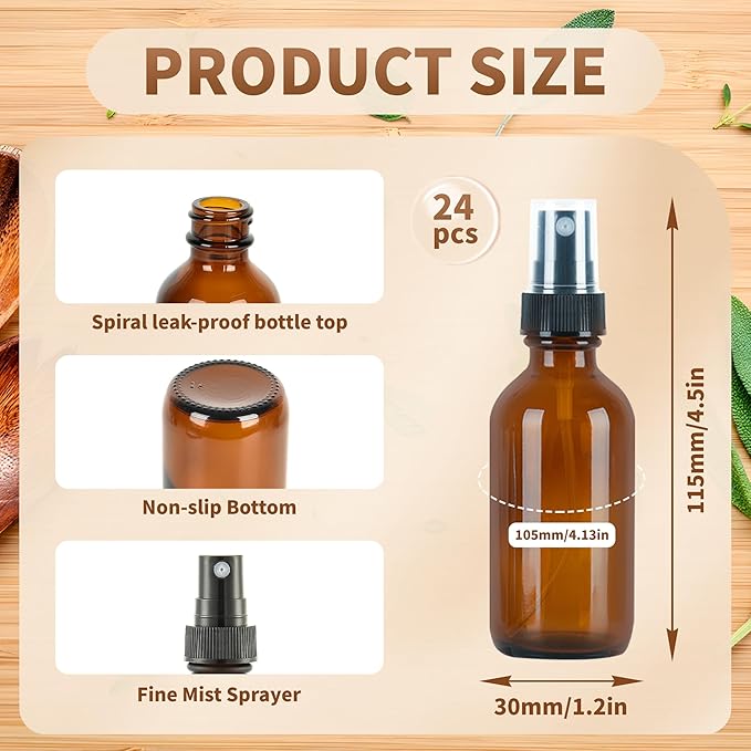 BILLIONSTARS 24 Pack 2oz Glass Boston Round Bottle with Fine Mist Sprayer - Amber - Essential Oils, Bath, Beauty, Hair & Cleaning - Leakproof Travel Bottles