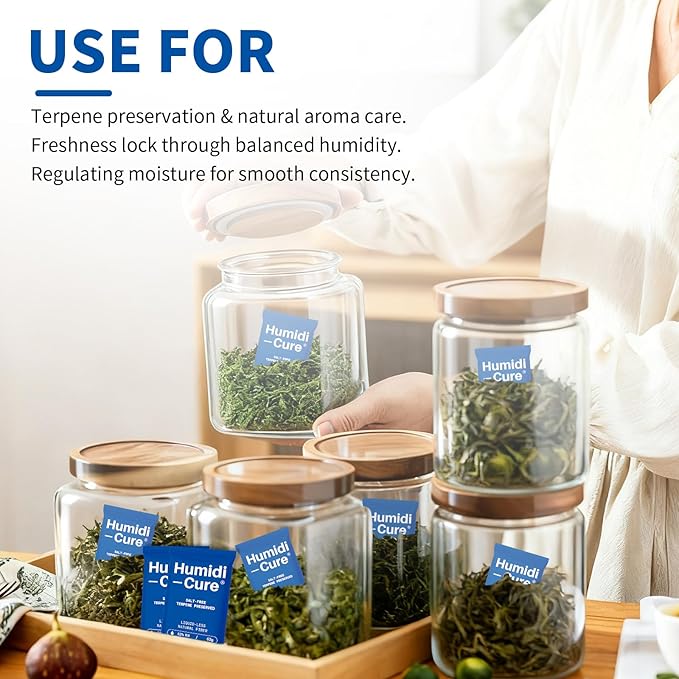Humidi-Cure 62% RH 2-Way Humidity Packs, Each for Storing 1/2 LB Herbs, Preserving Aroma and Flavor with Liquidless Plant-Fiber, Salt-Free, Humidity Packs with Individual Sealed Bag (Size 63g, 4 Pack)