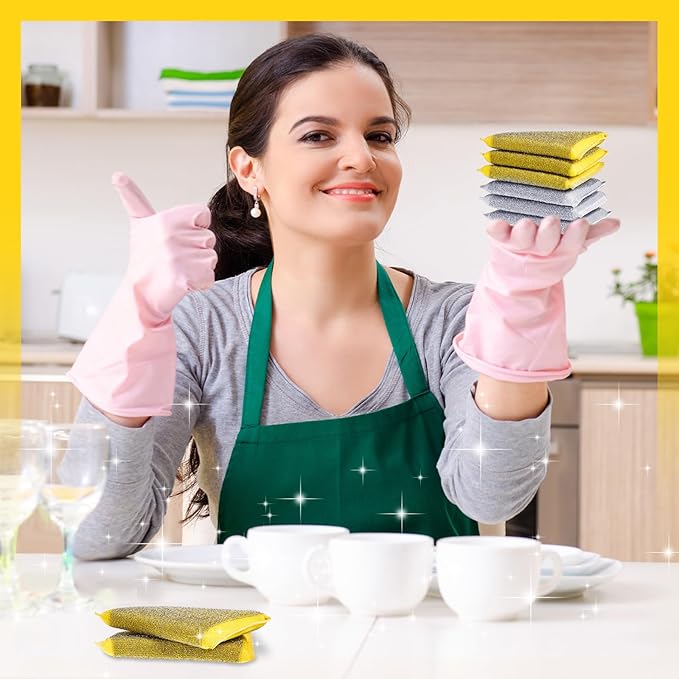 Thyle 12 Pack Steel Scrub Sponges for Dishes Non Scratch Scouring Sponge Multi Use Metal Scrubber Heavy Duty Dish Wash Kitchen Sponge for Pot Dish Washing Hard Surface Cleaning Tools (Gray,Yellow)