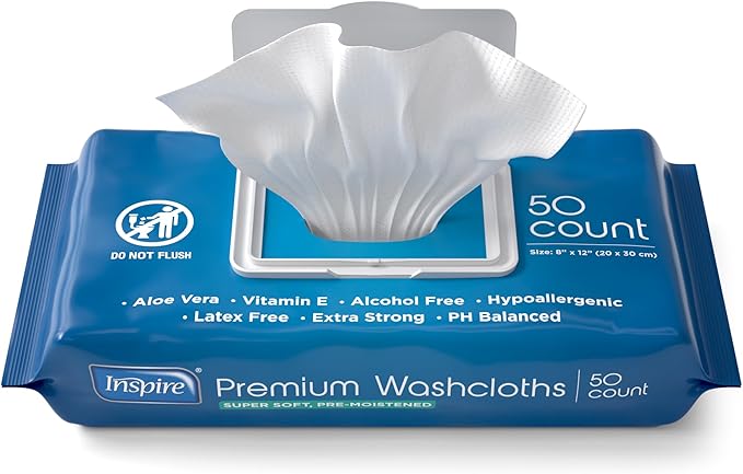 Inspire Adult Wet Wipes, Wash Cloths, Incontinence & Cleansing for Elderly Extra Large, 8"x12" (Pack of 8)