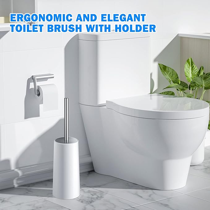 Toilet Brush and Holder, Toilet Brush with 304 Stainless Steel Long Handle, Toilet Bowl Brush for Bathroom Toilet-Elegant-Cleaning-Bristles(White)
