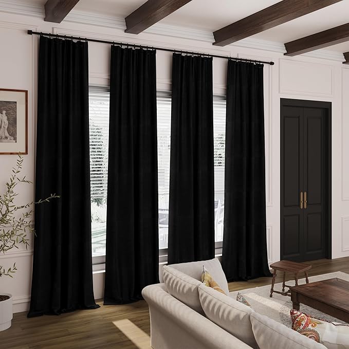 Black Linen Blackout Curtains 96 Inches Long 2 Panel Set for Living Room Back Tab Thermal Insulated Light Blocking Drapes Modern Farmhouse Energy Saving Bedroom Curtains with White Liner 8 Ft