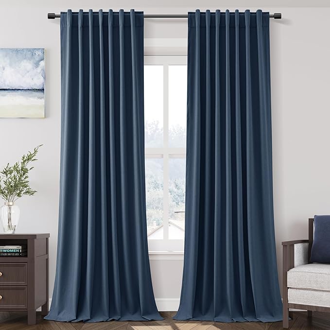 2 Panels Set Denim Blue Linen Curtains 120 Inch Length Extra Long 10 FT Back Tab Pocket High Ceiling to Floor 10FT Thermal Insulated Total Light Blocking for Dining Room Cottage Windows 52x120