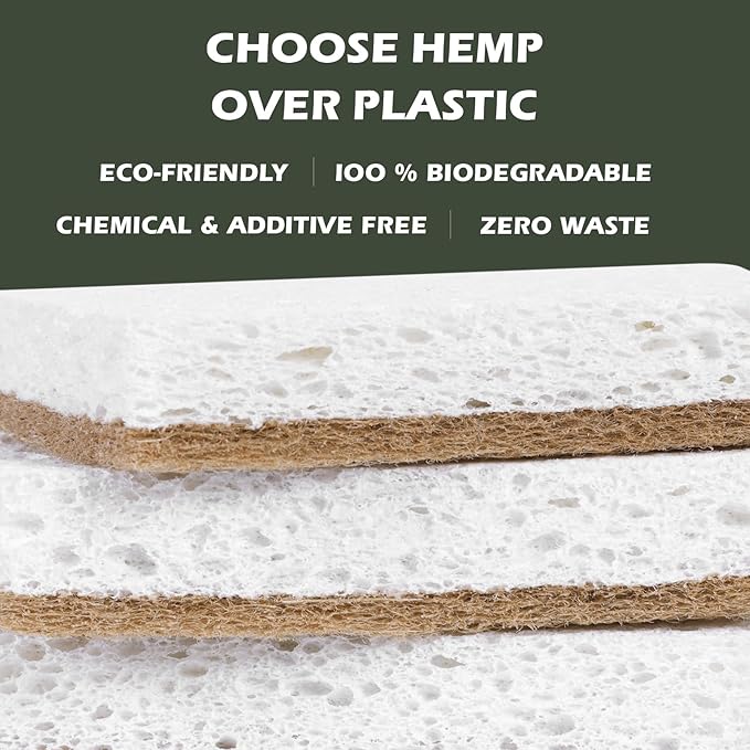 Plant-Based Kitchen Sponges - Natural, Eco-Friendly, Biodegradable Sisal Hemp Sponges for Dishes, Cleaning Sponge for Kitchen, Bathroom, Household - 24 Count