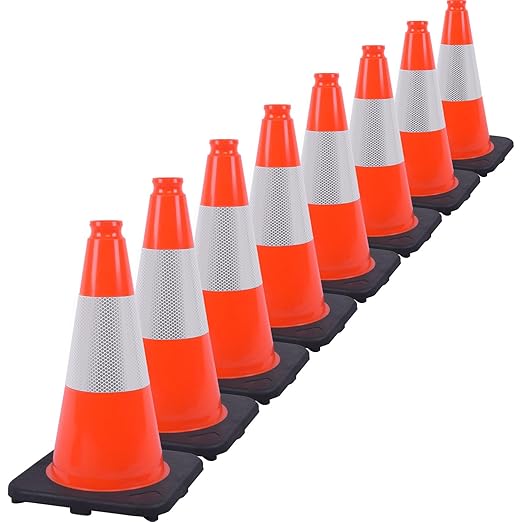 Fluorescent Orange/Green PVC Traffic Cones, Heavy Black Base Parking Lot Cone Structurally Stable Weatherproof Road Construction Safety Cones (8, Orange, 18" Medium)