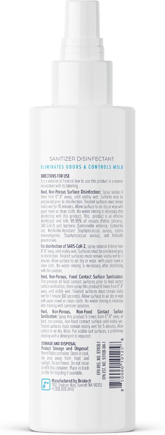 BRIOTECH Sanitizer Disinfectant Hypochlorous Spray, Kill 99.99% of Viruses & Bacteria, Control Mold, Eliminate Odor, Gentle for Nursery & Play Rooms, Food Contact Surface Sanitizer, 8 fl oz (4 Pack)