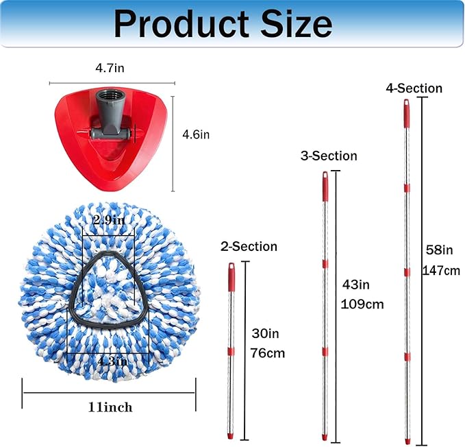 Spin Mop Replace Heads for O Cedar Rinse Clean 2 Tank System, Spin Mop Replacement Head 4 Microfiber Mop Refills, 1 Triangle Head Cover and 30-58in Handle