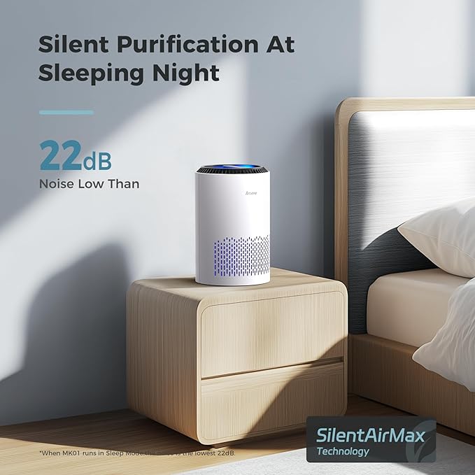 AROEVE Air Purifiers for Bedroom Home, 3 Layer Filter for Smoke Pollen Allergies Pet Dander Odor, Sleep Mode for Better Sleep, Energy Saving, 3 Speeds, Timer for Office, Dorm, Kitchen, MK01, White