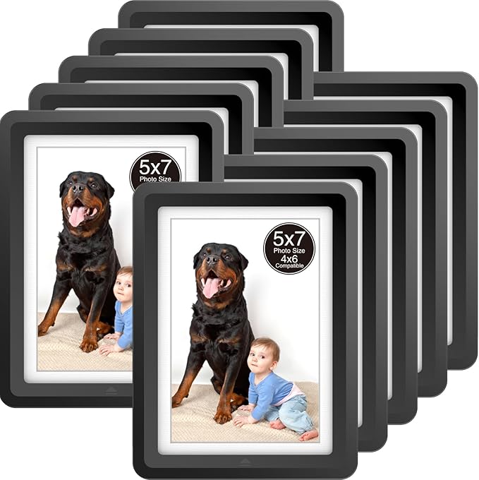 10-Pack 5x7 Picture Frame or 4x6 with Mat – Shatterproof Plastic Picture Frames for Family, Nursery & Playroom, Wall & Tabletop Frame for Home or Office, Safe Lightweight Design, Midnight Elegance