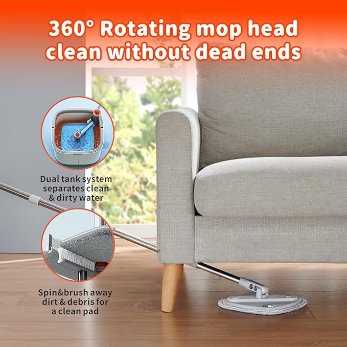 Spin Mop and Bucket Set with Self Separation System 360° Spinning Self-Wringing, Square Clean Mop and Bucket with Wringer-with Replaceable Mop (Light Grey Mop and Bucket Set 14pads)