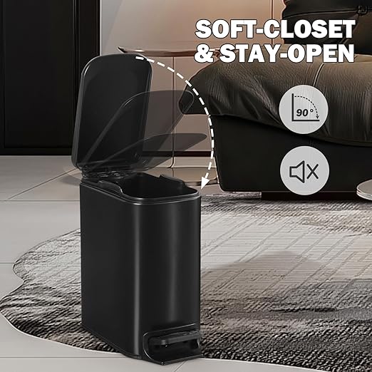 Slim Bathroom Trash Can with Lid Stainless Steel Garbage Can with Removable Inner Bucket Small Wastebasket with Step Pedal for Toilet Office Bedroom (Matte Black, 1.8 Gallons)
