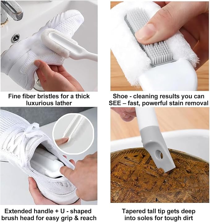 Soft Bristle Shoe Brush for Sneakers & Boots - Long Handle Ergonomic Scrubber with Hanging Hook, Gentle Cleaner for Leather, White Soles and Mesh Shoes