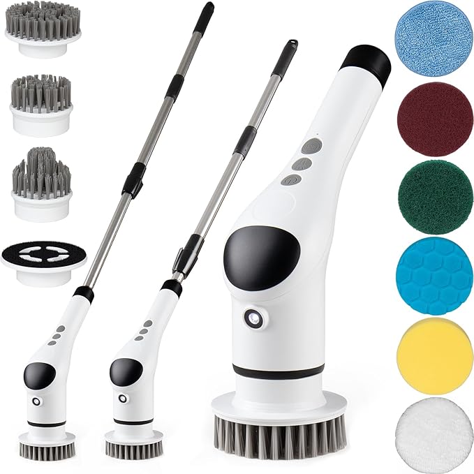 Electric Scrubber for Cleaning, Power Spin Scrubber Cordless for Bathroom Shower Clean, IPX7 Waterproof with 9 Replaceable Brush Heads