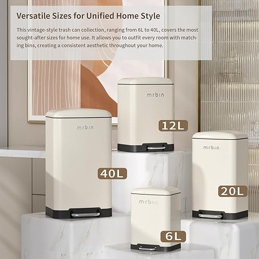 MRBIN Metal Kitchen Trash Can, Commercial Step Office Garbage Bin with Soft Close Lid, 40L / 10.5gal Stainless Steel Foot Pedal Tall Rectangle Waste Basket for Rv, Bathroom Accessories, White