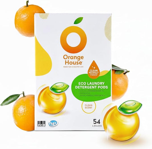 Orange House Laundry Detergent Pods, Natural Orange Oil, Plant-Based Detergent Pods, Hypoallergenic, Free & Clear, 54 Count, HE Compatible and All Washer