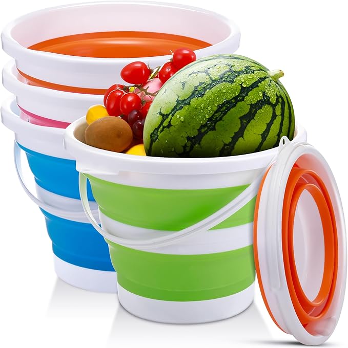 Pickmesh 4 Pcs Collapsible Bucket with Handle 1.3 Gallon (5l) Portable Ice Bucket Large Capacity Household Cleaning Dust Mops Outdoor Fishing Car Wash(Blue, Green, Orange, Pink)