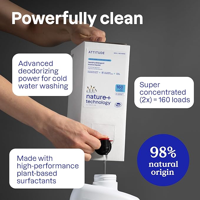 ATTITUDE Liquid Laundry Detergent Refill, EWG Verified, HE Compatible, Plant-Based & Vegan, Natural Laundry Soap, Lavender Scent, 160 Loads, 135.26 Fl Oz