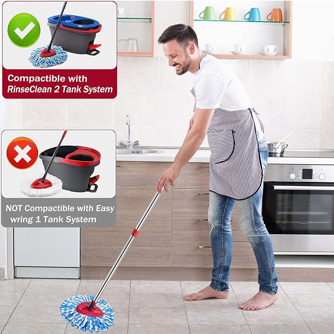 Spin Mop Replace Heads for O Cedar Rinse Clean 2 Tank System, Spin Mop Replacement Head 4 Microfiber Mop Refills, 1 Triangle Head Cover and 30-58in Handle 1 1Scrub Brush