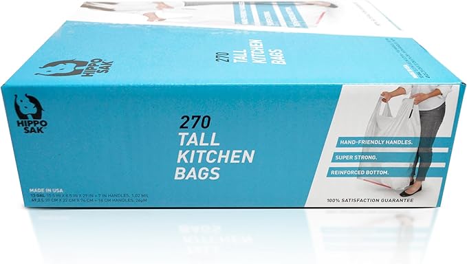 Hippo Sak - Tall Kitchen Garbage Bags with Ergonomic Handles - 13 Gallon Trash Bags - Super Strong Patented Reinforced Bottom and Leak Proof Tall Kitchen Trash Bags - Heavy Duty Trash Bags (270 Count)
