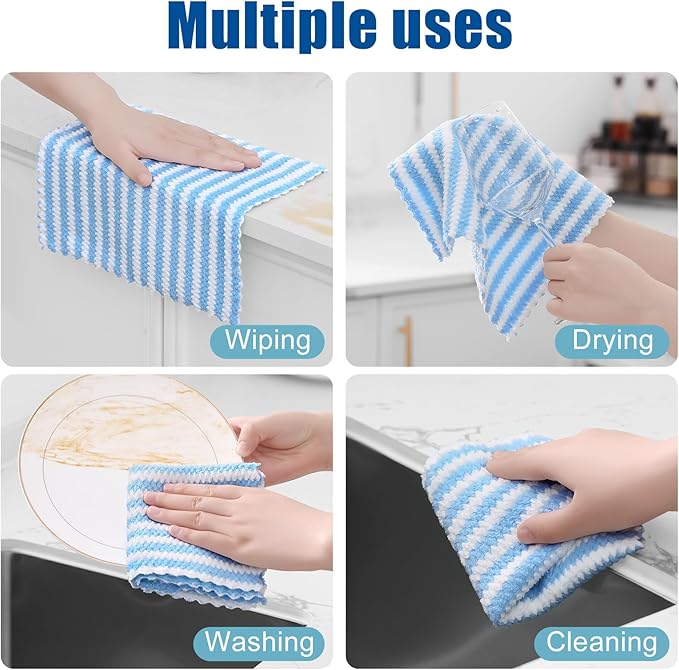 Homaxy 12 Pack Kitchen Dish Cloths, Ultra Soft and Absorbent Dish Towels, Reusable Fast Drying Microfiber Cleaning Cloth, Coral Velvet Wave Design No-lint, 10 x 10 inches, Blue