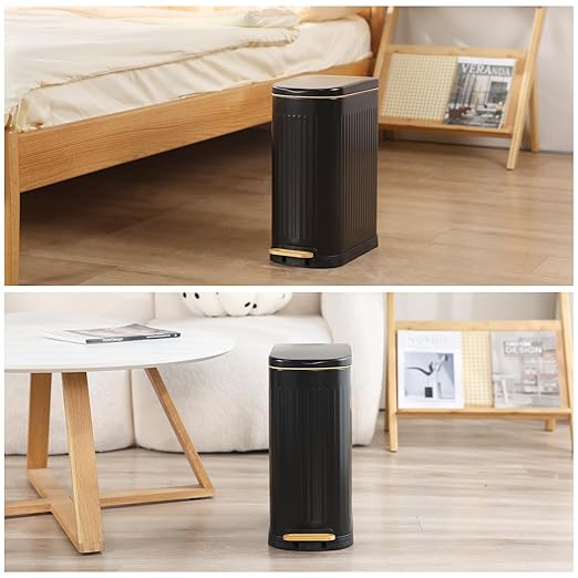 Slim Bathroom Trash Can with Lid Stainless Steel Garbage Can Soft Close Step Trash Bin with Removable Inner Bucket for Bedroom, Office, Kitchen (Matt Black, 3.5 Gallons)