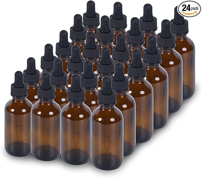 1 oz Dropper Bottle 24 Pack Amber Glass Boston Bottles 30ml with Eye Droppers Black Caps for Essential Oils, Perfume, Leak Proof Travel Bottles for Liquids