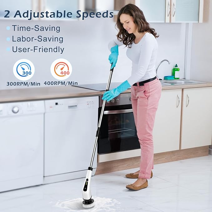 Electric Spin Scrubber, Cordless Cleaning Brush Scrubber for Home, 8 Replaceable Brush Heads-90Mins Work Time, 3 Adjustable Size, 2 Speeds for Bathroom Shower Bathtub Glass Car