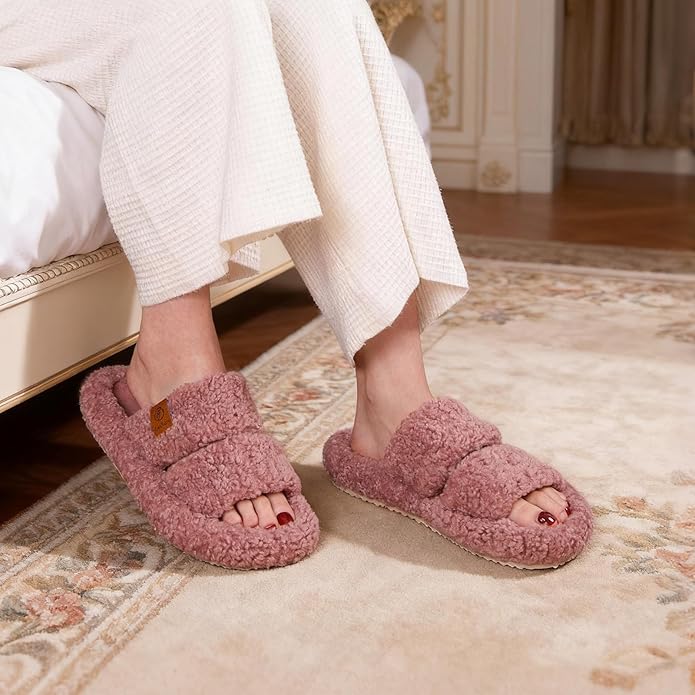 EverFoams Womens Fuzzy Open-toe Slippers Soft Comfy Memory Foam Indoor House Shoes