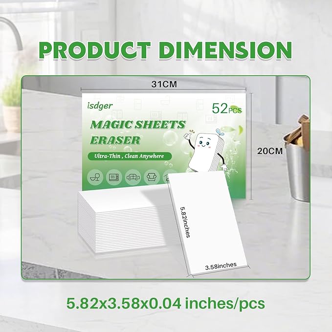 52 PCS Magic Sponge Eraser Sheets, Disposable & Portable, Ultra Thin for Cleaning Hard-to-Reach Place, Deep Clean with Water Only for Cup Plate Sink Kitchenware Bathroom