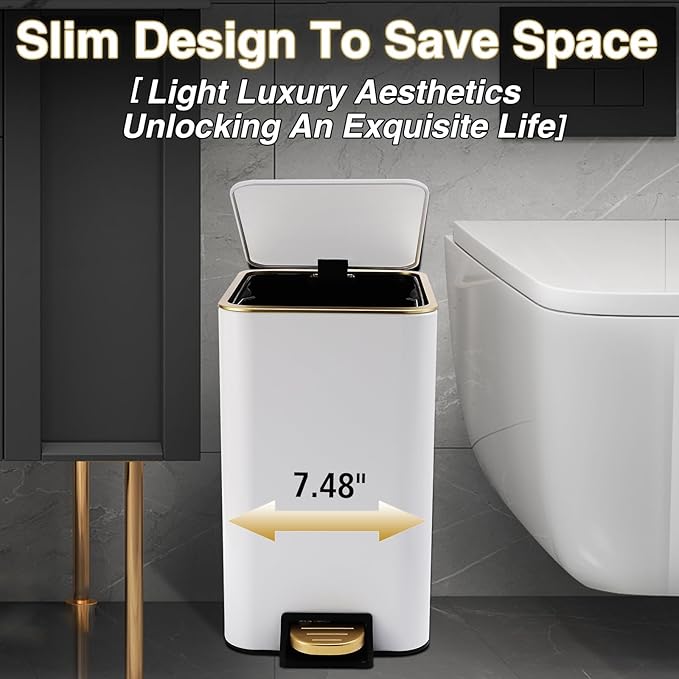 Small Bathroom Trash Can with Lid Soft Close, 1.8 Gallon Stainless Steel Garbage Can with Removable Inner Bucket,75Count Trash Bags, Slim Step Pedal Trash Bins