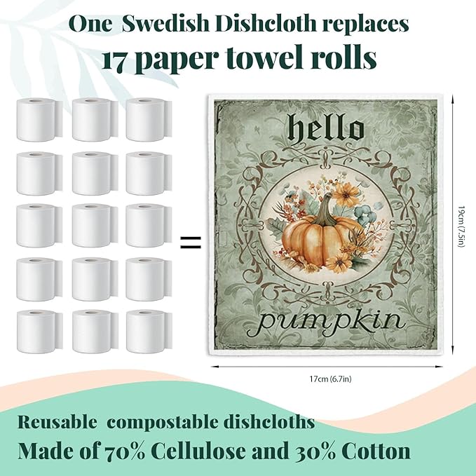 Vintage Fall Pumpkin Swedish Dishcloths for Kitchen Towels, Vintage Autumn Pumpkin Thanksgiving Farm House Gifts 4 Pack Dish Cloths for kitchen, Papaya Reusable Cleaning Paper Towels Washable