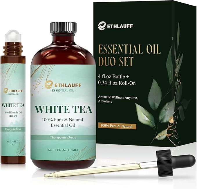 White Tea Diffuser Oil - White Tea Essential Oils for Diffuser Refill & Air Freshener Room Spray, Long-Lasting, Natural Home Fragrance and Scent for Diffusers(4 fl.oz Bottle + 0.34 fl.oz Roll-On)