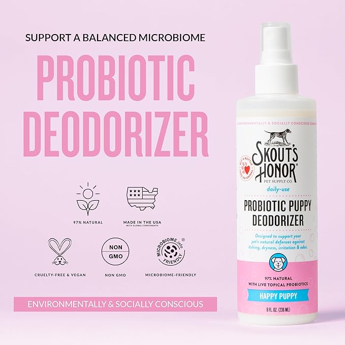 SKOUT'S HONOR Pet Deodorizer Spray- Hydrating Daily-Use with Avocado Oil & Omega-3s, Microbiome Friendly Certiified, Paraben & Sulfate-Free, 97% Natural, 8oz, Happy Puppy, 2-Pack
