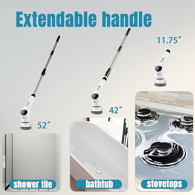 Electric Scrubber for Cleaning, Power Spin Scrubber Cordless for Bathroom Shower Clean, IPX7 Waterproof with 9 Replaceable Brush Heads