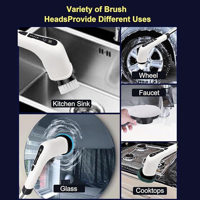 Electric Cleaning Brush Spin Scrubber, Cordless Cleaning Brush with 7 Replaceable Brush Heads. 2 Speeds Power Scrubber Brush for Floor,Kitchen, Bathroom, Tub, Floor, Tile,Adjustable Long Handle