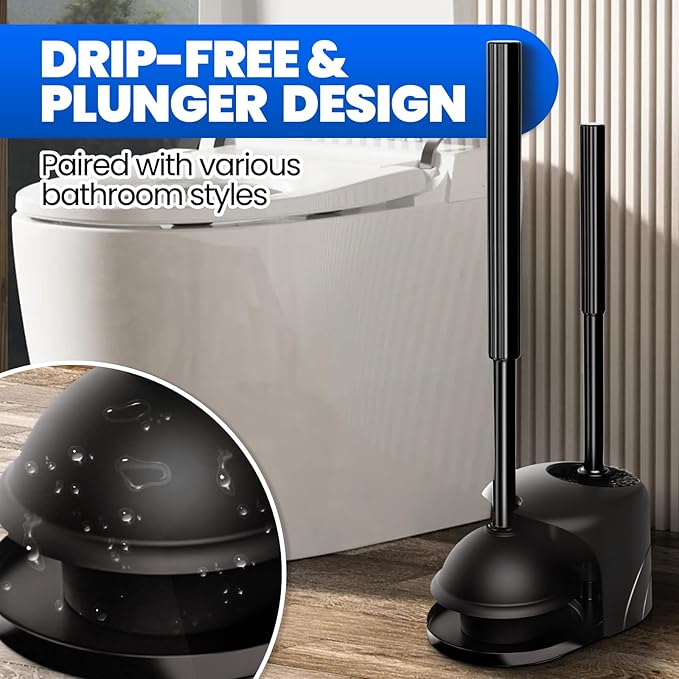 2Pack 2 in 1 Toilet Brush and Plunger Set, Extended Handle Plunger,Toilet Bowl Brush Plunger Set,Bathroom Cleaning Tools,Cleaning Brush,Toilet Brush Plunger Combo,Cleaning Supplies(Black)