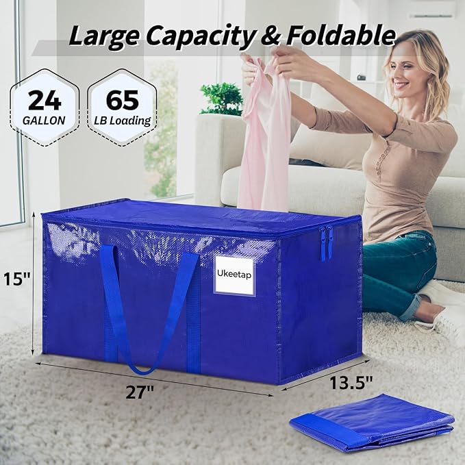16 Pack Extra Large Heavy Duty Moving Bags, Blue Storage Bins with Lids, Reinforced Handles & Heavy-Duty Zippers Moving Boxes Storage Bags Totes for Clothes Packing, Dorms, College Supplies, Blue